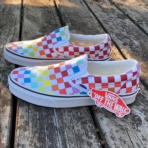 rainbow checkerboard slip on vans